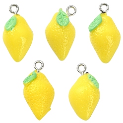 Yellow Opaque Resin Pendants, Lemon Charms, Imitation Food, with Platinum Tone Iron Loops, Yellow, 20~24x12x12mm, Hole: 2mm