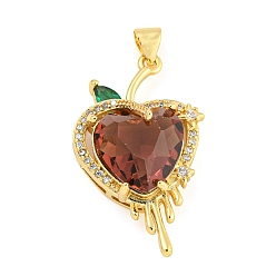 Saddle Brown Rack Plating Brass Micro Pave Clear Cubic Zirconia Pendants, with Glass, Long-Lasting Plated, Cadmium Free & Lead Free, Real 18K Gold Plated, Heart Charms, Saddle Brown, 30x17x9.5mm, Hole: 4.5x3.5mm
