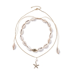 Golden Starfish Pendant Neckelaces for Girl Women, Natural Cowrie Shell Beads Braided Necklaces, Golden, 19.21 inch(48.8cm), 4.06~8.46 inch(10.3~21.5cm), 2pcs/set
