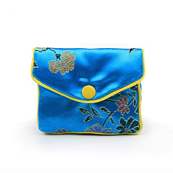 Dodger Blue Chinese Style Rectangle Cloth Zipper Pouches, with Flower Pattern and Snap Button, Dodger Blue, 6.5x7.5cm