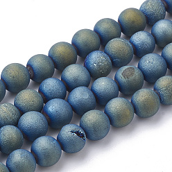 Green Plated Electroplate Natural Druzy Geode Weathered Agate Beads Strands, Frosted, Dyed, Round, Green Plated, 7.5~8mm, Hole: 1~1.5mm, about 44~46pcs/strand, 14.5~15 inch