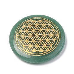 Green Aventurine Chakras Themed Natural Green Aventurine Cabochons, Flat Round with Flower of Life, 35x6~7mm