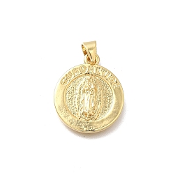 Настоящее золото 18K Латунные подвески, плоские круглые с Девой Марией, без кадмия и без свинца, стойки покрытие, долговечный, реальный 18 k позолоченный, 20x17x3 мм, отверстие : 4x3.5 мм