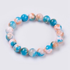 Deep Sky Blue Natural Jade Beaded Stretch Bracelet, Dyed, Round, Deep Sky Blue, 2 inch(5cm), beads: 6mm