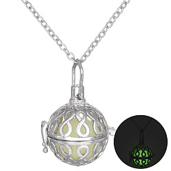 Round Alloy Cage Pendant Necklaces, with Luminous Stone, Round, 23.62 inch(60cm)