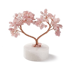 Rose Quartz Natural Rose Quartz Chips and Natural White Jade Pedestal Display Decorations, with Rose Gold Plated Brass Wires, Lucky Tree, 52~56x95~110x91~108mm