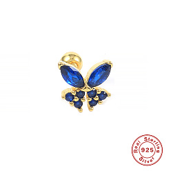 Golden Single - Blue Diamond Charming Butterfly Screw Stud Earrings in 925 Sterling Silver - Fashionable and Creative Ear Piercing Jewelry