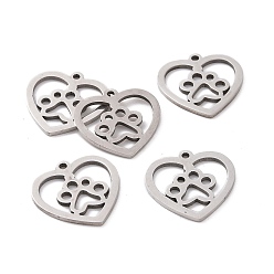 Stainless Steel Color 201 Stainless Steel Pendants, Heart with Dog Paw Prints, Stainless Steel Color, 15x15.5x1mm, Hole: 1.2mm