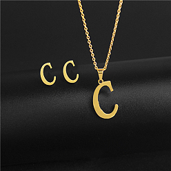 Letter C Golden Stainless Steel Initial Letter Jewelry Set, Stud Earrings & Pendant Necklaces, Letter C, No Size