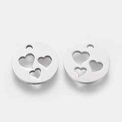 Stainless Steel Color 201 Stainless Steel Charms, Flat Round with Heart, Stainless Steel Color, 11.8x1mm, Hole: 1.5mm