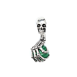 Malachite Halloween Skull Synthetic Malachite Alloy Pendants, Skeleton Hand Charms with Gems Sphere Ball, Antique Silver, 43x19mm