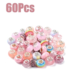 Pink 60 шт 15 стили смолы европейские бусины, пончики и рондельки с большими отверстиями, с латунными сердечниками с серебряным покрытием, розовые, 13.5~14x9~10 мм, отверстие : 5 мм