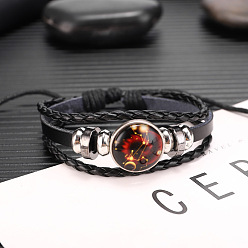 Leo Constellation Glass Link Multi-strand Bracelet, PU Leather Braided Triple Layer Gothic Bracelet for Men Women, Leo, 7-1/8 inch(18cm)