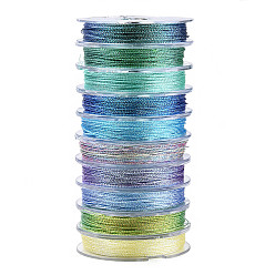 Green 10 Rolls 3-Ply Metallic Polyester Threads, Round, for Embroidery and Jewelry Making, Green, 0.3mm, about 24 yards(22m)/roll, 10 rolls/group