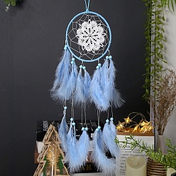 Light Sky Blue Forest Style Woven Net/Web with Feather with Iron Home Crafts Wall Hanging Decoration, Flower, Light Sky Blue, 550mm