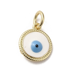 White Brass Enamel Charms, with Jump Ring, Real 18K Gold Plated, Flat Round with Evil Eye Charm, White, 13.5x11.5x3.7mm, Hole: 3.2mm