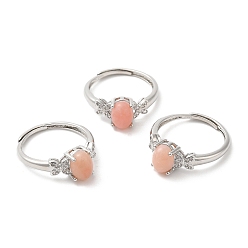 Pink Opal Natural Pink Opal Oval with Butterfly Adjustable Ring, Platinum Brass Jewelry, Inner Diameter: 18mm