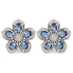 Королевский синий Серьги-гвоздики с кубическим цирконием, стеллаж для латунных украшений для женщин, платина, королевский синий, 19x19.5 мм