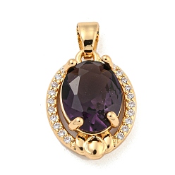 Индиго Латунные микропаве прозрачные подвески с фианитом, со стеклом, овальные, индиговые, 16x12x6 мм, отверстие : 4.5x2.5 мм