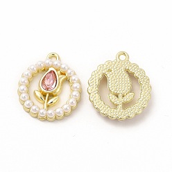 Pink Стеклянные подвески из сплава с покрытием стойки, с абс пластмассовой имитационной жемчужиной, без кадмия, без никеля и без свинца, плоский круглый с тюльпаном, золотой свет, розовые, 20.5x18x4 мм, отверстие : 1.6 мм