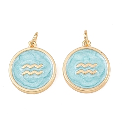 Aquarius Brass Enamel Pendants, Flat Round & Constellation Charms, Rack Plating, Long-Lasting Plated, Cadmium Free & Lead Free, Golden, Aquarius Charms, 17.5x15x2mm, Hole: 3mm