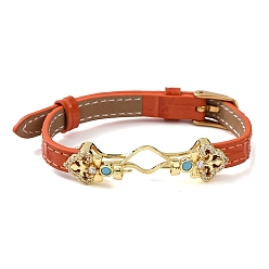 Коралловый Регулируемый браслет из коровьей кожи для изготовления бусин, с фурнитурой в виде цветов из латуни, инкрустированной микрофиброй и синтетическим бирюзовым камнем, и застежками из нержавеющей стали., золотые, коралл, пригодный для 304 мм бусы, 11 дюйм (9.61 см)