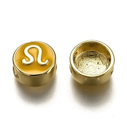 Leo Brass Beads, with Enamel, Flat Round with Constellation, Real 18K Gold Plated, Gold, Leo, 10x5mm, Hole: 4.5x2.5mm