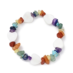 Heart Natural & Synthetic Mixed Gemstone Chips & Shell Beaded Stretch Bracelet, Heart, Wide: 12mm, Inner Diameter: 1-3/4 inch(4.3cm)