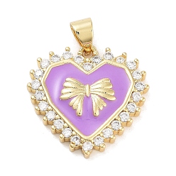 Средняя Орхидея Стойка металлическая латунная микропрофилированная кубическая циркония подвески, с эмалью, долговечный, без свинца и без кадмия, реальный 18 k позолоченный, сердце с бантом, средне орхидеи, 20.5x20x3.5 мм, отверстие : 5x3.5 мм