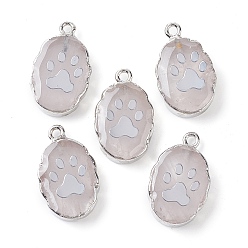 Quartz Crystal Natural Quartz Crystal Oval Pendants, Platinum Plated Brass Rock Crystal Oval Charms with Paw Print, 22~22.5x13~13.5x4.5mm, Hole: 1.6~1.8mm