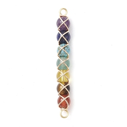 Mixed Stone Chakra Gemstone Connector Charms, Golden Plated Copper Wire Wrapped Round Gems Links, 51x6x7.5mm, Hole: 2.5mm