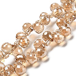 BurlyWood Electroplate Transparent Glass Beads Strands, Pearl Luster Plated, Faceted, Teardrop, BurlyWood, 6x5x5mm, Hole: 0.8mm, about 108pcs/strand, 16.14''(41cm)