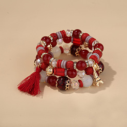 B0252-Red Fashionable Tassel Eiffel Tower Pendant Bracelet Set - Stunning Jewelry Combination