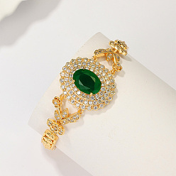 Green Real 18K Gold Plated Brass Rhinestone Link Bracelets, Oval, Green, 7-1/8 inch(18cm)