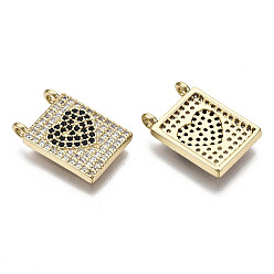 Black Brass Micro Pave Cubic Zirconia Pendants, Nickel Free, Rectangle with Heart, Real 16K Gold Plated, Black, 17x11x2.5mm, Hole: 1mm