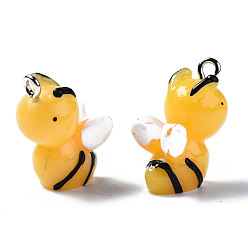 Gold Opaque Resin Pendants, with Platinum Tone Iron Loop, 3D Bee, Gold, 19~20x15~16x10mm, Hole: 1.8mm