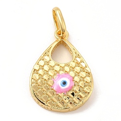 Pearl Pink Brass Pendants, with Enamel, Real 18K Gold Plated, Long-Lasting Plated, Teardrop with Evil Eye Charm, Pearl Pink, 34x23.5x6mm, Hole: 10x7mm