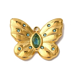 Аквамарин 304 из нержавеющей стали горный хрусталь подвески, бабочки прелести, вакуумное покрытие pvd, реальный 18 k позолоченный, аквамарин, 17.5x21x3 мм, отверстие : 1.6 мм