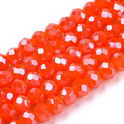 Orange Red Electroplate Glass Beads Strands, Pearl Luster Plated, Faceted, Rondelle, Orange Red, 3x2mm, Hole: 0.8mm, about 165~169pcs/strand, 15~16 inch(38~40cm)