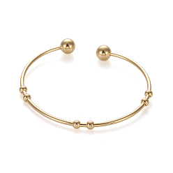 Golden 201 Stainless Steel Cuff Bangles, Torque Bangles, with Round Beads, Golden, 5.3~6x4~5.5cm