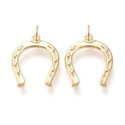 Golden Brass Pendants, with Jump Rings, Long-Lasting Plated, Horseshoe, Golden, 24.5x20x2mm, Hole: 4.5mm