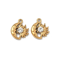 Кристалл 304 подвески из нержавеющей стали, амулеты луны и солнца, со стразами, ионное покрытие (ip), золотые, кристалл, 15x13x3.5 мм, отверстие : 1.5 мм