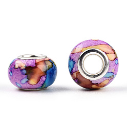 Medium Orchid Opaque Resin European Beads, Imitation Crystal, Two-Tone Large Hole Beads, with Silver Tone Brass Double Cores, Rondelle, Medium Orchid, 14x9.5mm, Hole: 5mm