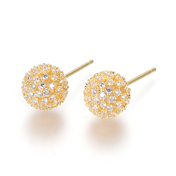 Golden Brass Micro Pave Clear Cubic Zirconia Stud Earrings, Ball Stud Earrings, Golden, 21x8.5mm, Pin: 0.9mm