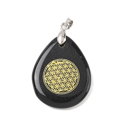 Обсидиан Природные подвески обсидиана, с реечной обшивкой латунными выводами, без кадмия и без свинца, очарование слезы, 31x25x5~7 мм, отверстие : 4.5x4 мм