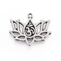 Thai Sterling Silver Plated Tibetan Style Alloy Pendants, Lotus with Aum/Om Symbol, Lead Free & Nickel Free & Cadmium Free, Thailand Sterling Silver Plated, 16.5x20.5x1.5mm, Hole: 1mm