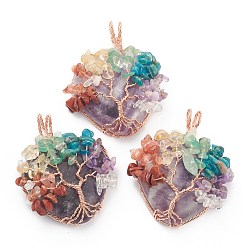 Amethyst Natural Amethyst Pendants with Rose Gold Brass Findings and Mixed Stone Chips, Heart, 58~60x45~50x13~15mm, Hole: 9×8mm
