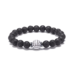 Volleyball Natural Lava Rock & Synthetic Hematite & Acrylic Beaded Stretch Bracelet, Essential Oil Gemstone Jewelry for Men Women, Volleyball Pattern, Inner Diameter: 2-1/8 inch(5.5cm)