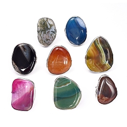 Mixed Color Nuggets Shape Natural Agate Adjustable Finger Ring, Dyed & Heated, with Brass Findings, Size 8, 18mm
