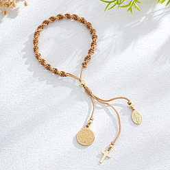 Шоколадный Пасхальные браслеты ручной работы из нержавеющей стали с подвесками, Браслеты из плетеного волоконного шнура для женщин, крест, Дева Мария и монета, цвет шоколада, 304 дюйм (11.02 см)